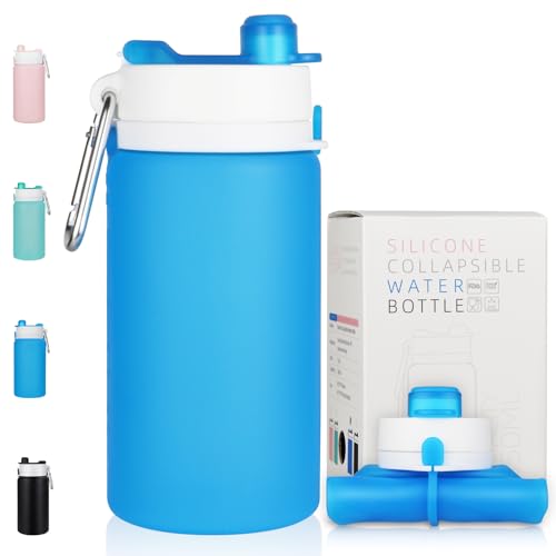 PLTCAT Collapsible Water Bottle, 19oz Foldable Bottle BPA Free Reusable Lightweight Leak-Proof Travel Silicone Water Bottle for Travel, Gym, Hiking, Office, Camping - color: Blue