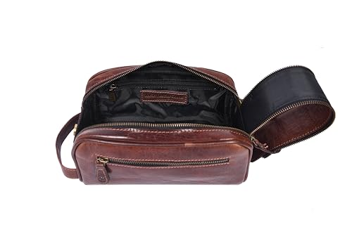 10" Premium Leather Toiletry Travel Pouch With Waterproof Lining | King-Size Handcrafted Vintage Dopp - Kit Gift for Father's Day By Aaron Leather Goods - color: Bone Brown