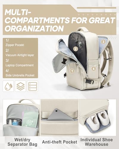 suwasp Vacuum Compression Backpack, 45L Expandable Travel Backpack with Electric Vacpack Pump, Travel Vacuum Bags with Shoe Compartment/17inch Laptop Compartment/USB Port, Beige, Large - color: Beige, size: Large