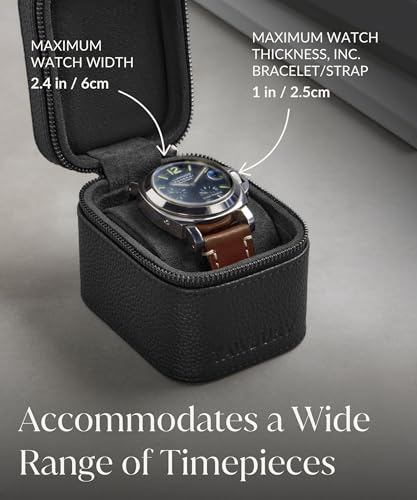 TAWBURY Single Watch Travel Case - Genuine Top-Grain Leather Watch Box for Men & Women with Metal Zipper and Extra Wide Pillow for Large Watches (Black) - color: Black