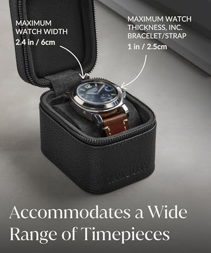 TAWBURY Single Watch Travel Case - Genuine Top-Grain Leather Watch Box for Men & Women with Metal Zipper and Extra Wide Pillow for Large Watches (Black) - color: Black