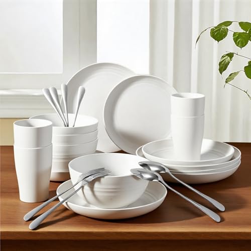 24 Pcs Wheat Straw Dinnerware Set- Picnic & Camping- Unbreakable & Reusable- Includes 4x 9in Plates, 4x 8in Plates, 4x 6in Bowls, 4 Cups, 4 Stainless Steel Forks and Spoons- Kitchen, Dorm, Office - color: White, size: 24PCS