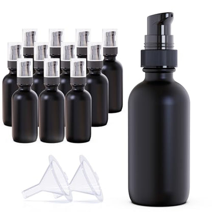 12Pack 60ml Matte Black Glass Pump Bottle with Black Top,2oz Small Dispenser, Travel Size Refillable Botttles for Lotions,Sercums,Essential Oils - color: 2oz Black(12pcs)