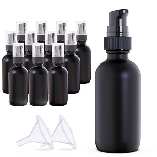 12Pack 60ml Matte Black Glass Pump Bottle with Black Top,2oz Small Dispenser, Travel Size Refillable Botttles for Lotions,Sercums,Essential Oils - color: 2oz Black(12pcs)