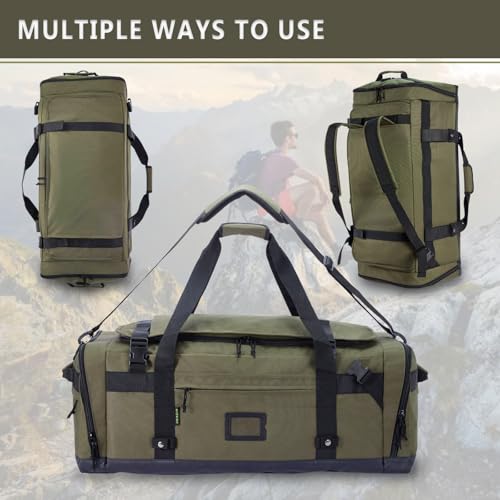 Large Duffle Bag for Travel - Men & Women, Foldable Gym Duffle Backpack, Heavy Duty Tactical Military Canvas Duffel Bags, Extra Big Carry On with Shoe Pockets, Waterproof (80L/103L) - color: Army Green, size: M(80L)
