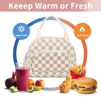 Lunch Bag Women Lunch Box for Women Adult Cute Insulated Lunch Bag Small Cooler Lunch Tote Bags for Work Picnic Travel (Beige-Brown Plaid) - color: Beige-Brown Plaid