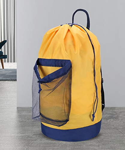 Dalykate Backpack Laundry Bag, Laundry Backpack with Shoulder Straps and Mesh Pocket Durable Nylon Clothes Hamper Bag with Drawstring Closure for College, Travel, Laundromat, Apartment - color: Yellow