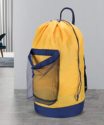 Dalykate Backpack Laundry Bag, Laundry Backpack with Shoulder Straps and Mesh Pocket Durable Nylon Clothes Hamper Bag with Drawstring Closure for College, Travel, Laundromat, Apartment - color: Yellow