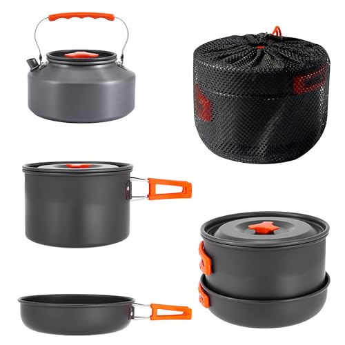 aiGear 3pcs Camping Cooking Set for 1-2 People, Lightweight Foldable Pot Pan Kettle with Storage Bag, Backpacking Cooking Set for Hiking Picnic Camping - color: Orange