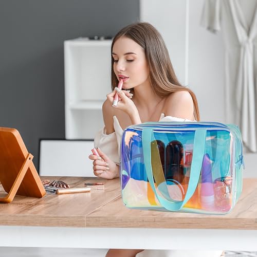 Holographic TPU Makeup Bag - Blue Rainbow Cosmetic Pouch, 11.81x4.3x8.26inches Waterproof Large Clear Travel Bag for Travel & Organizer (A230023-298-5) - color: Holographic Blue1