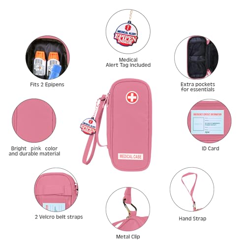 Jayour EpiPen Medical Carrying Case Insulated, Travel Medication Organizer Bag Emergency Medical Pouch, Fits 2 EpiPens, Asthma Inhaler, Anti-Histamine, Auvi-Q, Allergy Medicine Essentials (Pink) - color: Pink