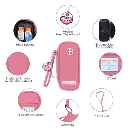 Jayour EpiPen Medical Carrying Case Insulated, Travel Medication Organizer Bag Emergency Medical Pouch, Fits 2 EpiPens, Asthma Inhaler, Anti-Histamine, Auvi-Q, Allergy Medicine Essentials (Pink) - color: Pink