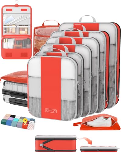 OlarHike 10-Pack Compression Packing Cubes for Travel Essentials,Compressible Expandable Packing Cubes for Suitcase,Luggage Garment Bags with Over 99 Pcs of Mesh Holes(Orange) - color: Orange