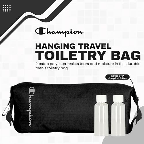 CHAMPION - Hanging Toiletry Bag - Travel Sized Polyester Bag Water-Resistant, Cosmetics Organizer Bag with Two Compliant Bottles - Lightweight Portable Zipped Bag for Unisex – True Black 10"x3.9"x3.9" - style: True Black