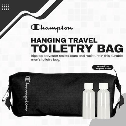 CHAMPION - Hanging Toiletry Bag - Travel Sized Polyester Bag Water-Resistant, Cosmetics Organizer Bag with Two Compliant Bottles - Lightweight Portable Zipped Bag for Unisex – True Black 10"x3.9"x3.9" - style: True Black