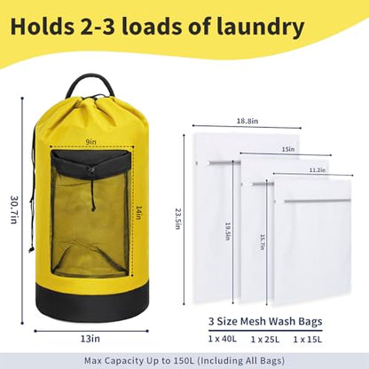 150L Laundry Bag Backpack with 3 Sizes Mesh Wash Bags and Shoulder Straps Foldable Clothes Hamper Bag with Drawstring Closure for College, Apartment, Laundromat(Yellow) - color: Yellow