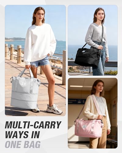 Expandable Travel Duffle Bag for Women Men, Large Gym Bag Travel Tote Bags, Waterproof Carry On Personal Item Bag Airline Approved, Overnight Workout Weekender Bag with Luggage Sleeve, Light Grey - color: C- Light Grey