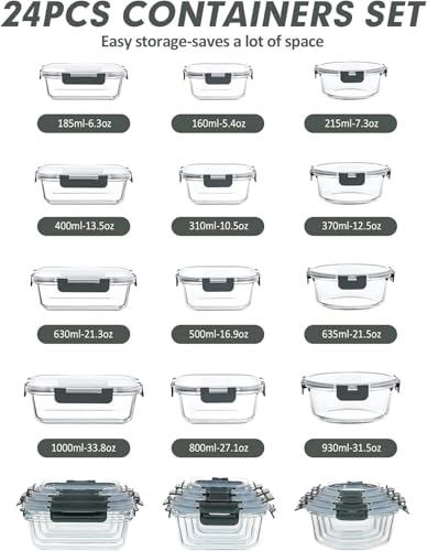 VERONES 12 Packs Glass Food Storage Containers Set, Airtight Glass Lunch Containers, Glass Meal Prep Containers with Lids,Exclusive of BPA, for Microwave, Oven, Freezer & Dishwasher Friendly,Grey - color: Grey