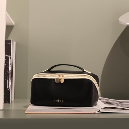 Prite Makeup Bag for Women Travel Waterproof Vegan Leather Cosmetic Bag Open Flat Toiletry Bag With Clear Divider and Handle (Black, Large) - color: Black, size: Large
