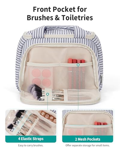 Narwey Striped Travel Toiletry Bag for Women Large Makeup Bag, Wide-open Cosmetic Make Up Organizer with Handle, Travel Bag for Toiletries, Essentials, Accessories (Greyish Blue Stripe) - color: Y-Greyish Blue Stripe