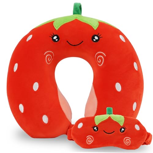 Kids Neck Pillow for Travel with Sleep Eye Mask, Cute Travel Neck Pillow, Memory Foam Flight Sleeping Headrest Pillow for Boys & Girls, Airplane, Train, Car, Home Use - Red Strawberry - color: Red Strawberry