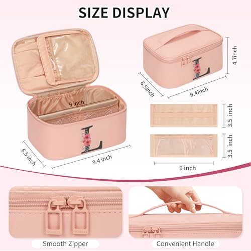 OCHEAL Initial Makeup Bag,Monogram Make up Bag Pink Travel Makeup Organizer Case Beauty Toiletry Cosmetic Bag with Brush Holder, Trendy Stuff Personalized Gifts for Women and Girls-L - color: Pink, style: L