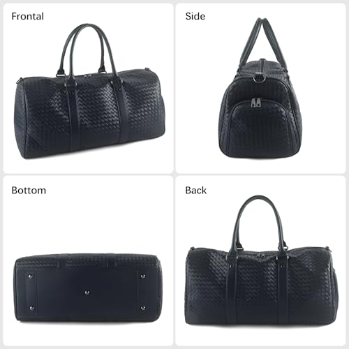 Weekender Bags for Women Woven Leather Travel Duffle Bag with Shoe Compartment, Carry On Garment Bag for Men Women, Large Capacity Water-resistant Gym Tote (Dark Blue) - color: Dark Blue