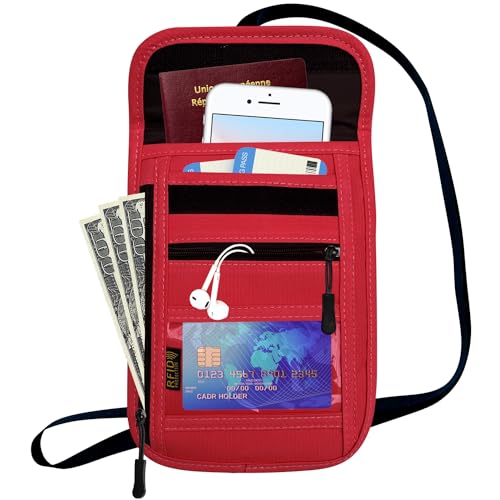 RFID Blocking Travel Neck Wallet Pouch and Passport Holder, Travel Neck Pouch Passport Holder for Women & Men - Red - color: Red
