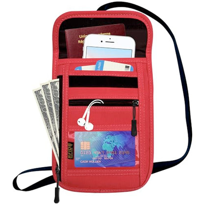 RFID Blocking Travel Neck Wallet Pouch and Passport Holder, Travel Neck Pouch Passport Holder for Women & Men - Red - color: Red