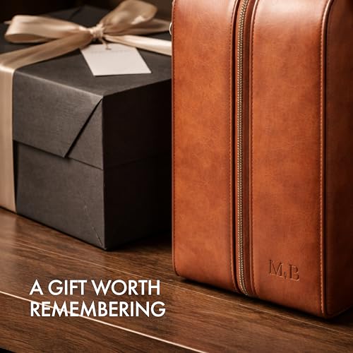 Bey-Berk Vino Brown Leather Double Wine Caddy, Two-Bottle Travel Case with Zipper Closure and Corkscrew Bar Tool - color: Brown