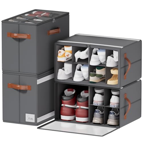 4 Pack Shoe Organizer for Closet, Foldable Shoe Storage Organizer with Adjustable Dividers and Clear Cover, Stackable Fabric Closet Shoe Organizer Storage Box Fits 32 Pairs, Gray - color: Gray-4 Pack, size: 17"L x 8.7"W x 12 ½"H