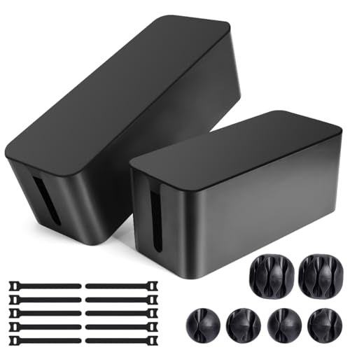 Cable Management Box, 2 Pack Large & Medium Cable Organizer Box with 17 PCS Cable Management Set, Cord Organizer Box to Hide Surge Protector on Desk or Floor (Black) - color: Black