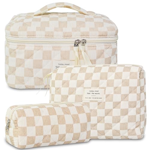 GISMTR 3Pcs Makeup Bag Cotton Quilted Travel Cosmetic Bag Cute Floral Makeup Pouch Large Toiletry Bag for Women Girls - color: Corduroy checkerboard