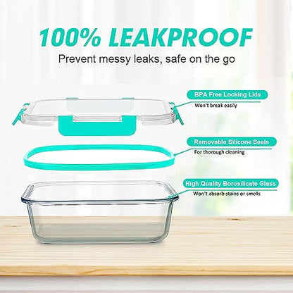 VERONES 12 Packs Glass Food Storage Containers Set, Airtight Glass Lunch Containers, Glass Meal Prep Containers with Lids,Exclusive of BPA, for Microwave, Oven, Freezer & Dishwasher Friendly,Green - color: Green