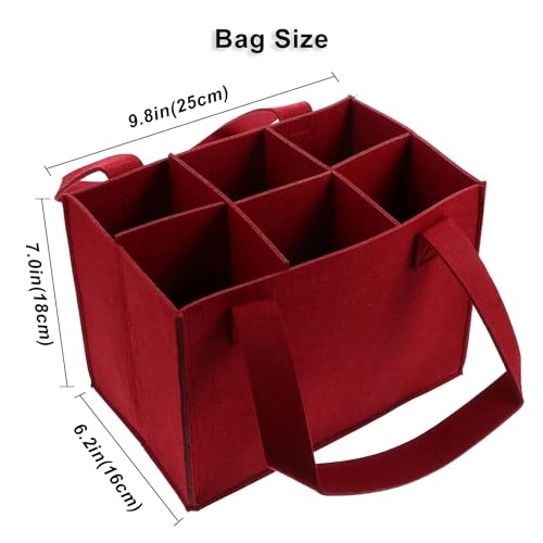 6 Bottle Wine Carrier with Divider Felt Wine Storage Tote Bag, Portable Reusable Wine Travel Bag with Handle for Christmas Travel Camping Picnic Party (Red) - color: Red