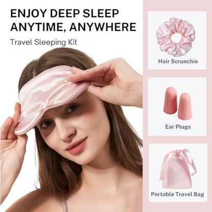 Silk Satin Sleeping Eye Mask, Pink Sleep Eye Mask Night Blindfold for Women and Men, Soft Breathable Blackout Eyeshade Eye Cover for Travel, Wedding Bridesmaid Gift - color: Pink