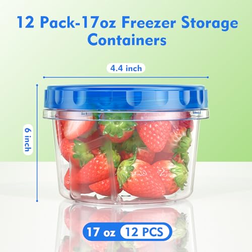 BiuLeon 12 Pack-17oz Freezer Storage Containers, Plastic Food Storage Containers with Twist Top Lids, BPA Free and Reusable Soup Containers with Lids, Leakproof/Microwave/Dishwasher Safe - color: 12Pack-17oz