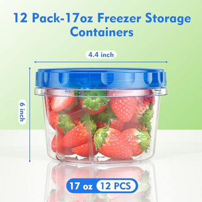 BiuLeon 12 Pack-17oz Freezer Storage Containers, Plastic Food Storage Containers with Twist Top Lids, BPA Free and Reusable Soup Containers with Lids, Leakproof/Microwave/Dishwasher Safe - color: 12Pack-17oz