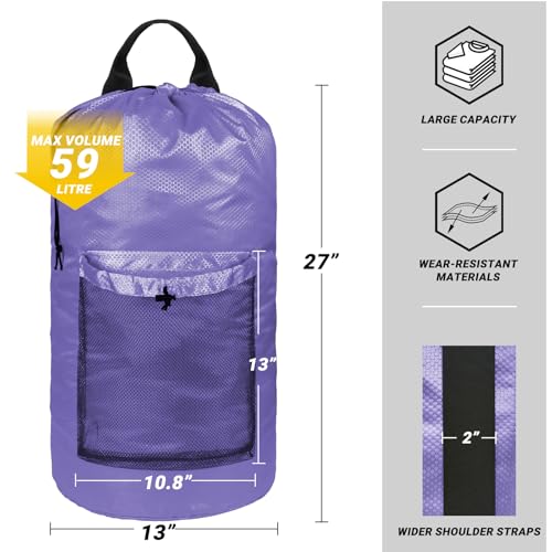 Laundry Bag with Shoulder Straps and Mesh Pocket Laundry Backpack Large Portable Laundry Hamper for College Laundromat Apartment - color: Purple