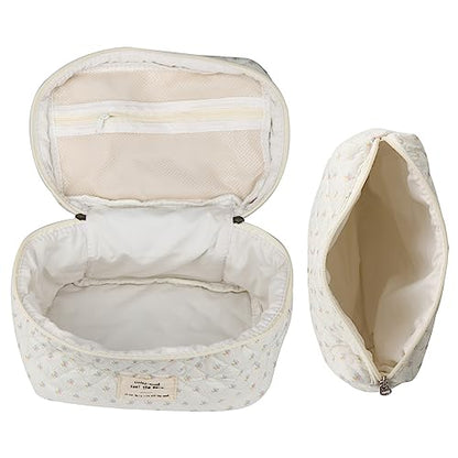 NATINSA Cute Makeup Bag for Women(2 Pcs), Travel Cosmetic Bags, Quilted Coquette Aesthetic Floral Toiletry Organizer Bag (Little Flower) - color: Little Flower