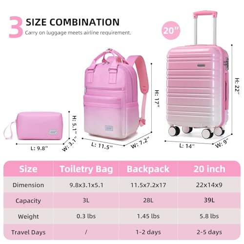 LARVENDER Carry on Luggage 22x14x9 Airline Approved Hardshell Suitcase with Wheels TSA Lock, PC+ABS Lightweight Suitcase Set for Women with Travel Backpack, Peach Sparkling, 3 Piece Set - color: Peach Sparkling-20BP, size: 3 Piece Set (Backpack/TB/20)