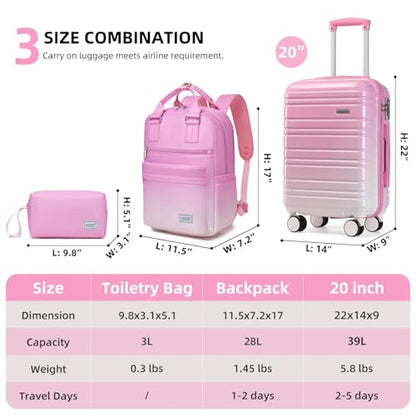 LARVENDER Carry on Luggage 22x14x9 Airline Approved Hardshell Suitcase with Wheels TSA Lock, PC+ABS Lightweight Suitcase Set for Women with Travel Backpack, Peach Sparkling, 3 Piece Set - color: Peach Sparkling-20BP, size: 3 Piece Set (Backpack/TB/20)