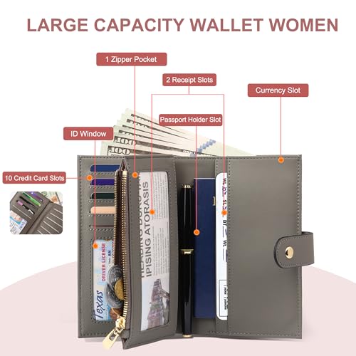 yiijay Women's Wallet RFID Blocking Leather Trifold Clutch Wallet Credit Card Holder Ladies Travel Wallet Purse with Pen Holder - color: 1Light Grey