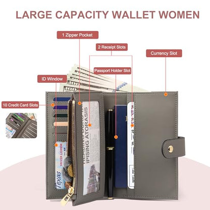 yiijay Women's Wallet RFID Blocking Leather Trifold Clutch Wallet Credit Card Holder Ladies Travel Wallet Purse with Pen Holder - color: 1Light Grey