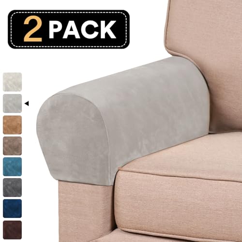 PrinceDeco 2 Pack Thick Velvet Stretch Armrest Covers for Chairs and Sofas Armchair Covers for Arms Couch Arm Covers Armrest Covers for Sofa Non Slip, Oatmeal - color: Oatmeal
