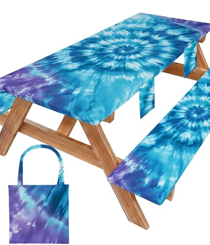 Fitted Picnic Table Cover with Bench Covers Vinyl Waterproof Elastic Edges Fitted Rectangle Table Cloth Patio Tablecloth Camping Gear Essentials Rv Accessories Road Trip Supplies Car Travel Must Have - color: Blue Purple Tie-dye, size: 72in