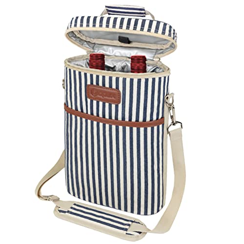 opux 2 Bottle Wine Carrier Tote, Insulated Leakproof Wine Cooler Bag, Wine Travel Bag for Picnic BYOB Beach, Portable Wine Bottle Carrying Case, Gift for Wine Lover Women Men Christmas,Stripe - color: Navy Stripes