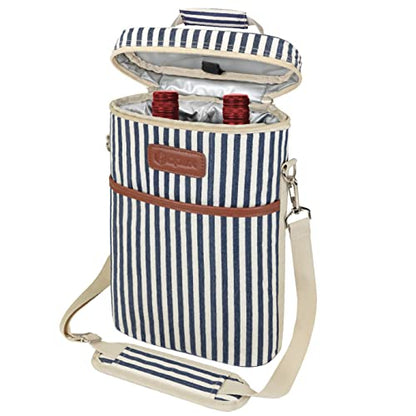 opux 2 Bottle Wine Carrier Tote, Insulated Leakproof Wine Cooler Bag, Wine Travel Bag for Picnic BYOB Beach, Portable Wine Bottle Carrying Case, Gift for Wine Lover Women Men Christmas,Stripe - color: Navy Stripes