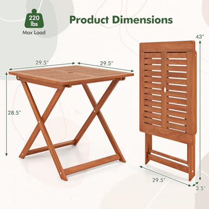 Tangkula 29.5-Inch Square Patio Dining Table, Solid Wood Folding Outdoor Bistro Table with Teak Painting & 2" Umbrella Hole, Outdoor Dining Table for Balcony, Deck, Porch, Backyard - size: 29.5"