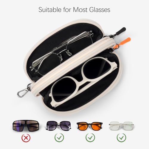 Double Eyeglasses Case Soft Portable Zipper Sunglasses Pouch with Keychain Clip for Men Women - color: Cream Pu